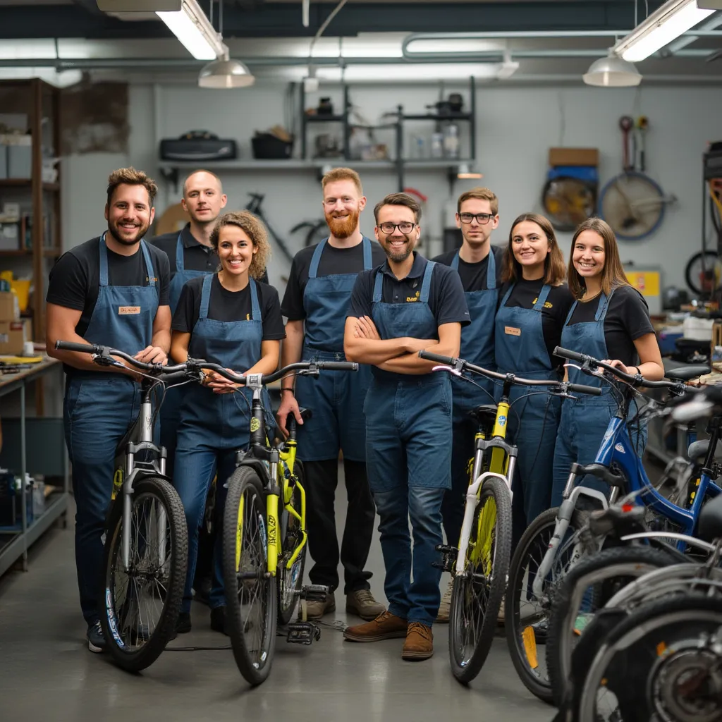 Equipo diverso de técnicos sonriendo en el taller